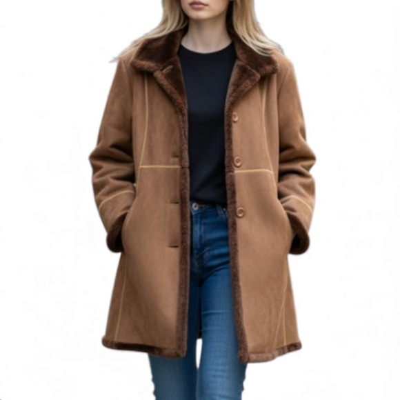 Dennis Basso Jackets & Blazers - Dennis Basso VTG Faux Suede / Fur Mid-Length Brown Coat Jacket Womens Size Large